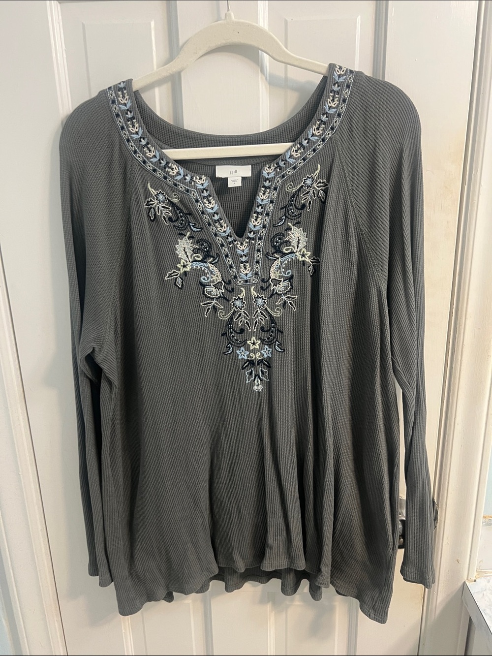 J. Jill Gray Long-Sleeve Top with Blue & Cream Embroidery